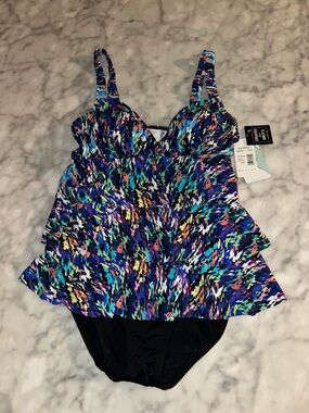 Swim Solutions Blue Multi-Color Ruffle One-Piece fauxkini Swimsuit